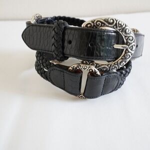 Brighton Womens Leather Belt Sz 32 Black Braided O Ring Silver Buckle Statement